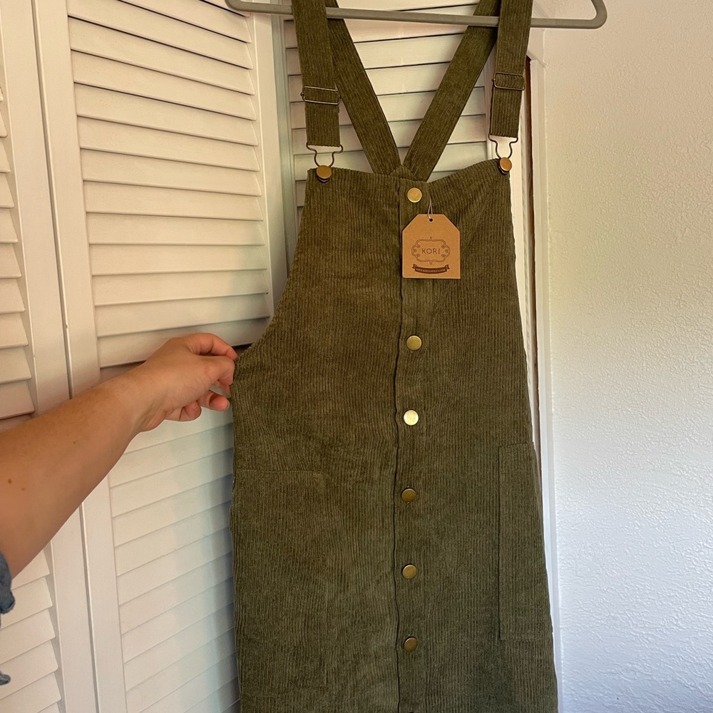 Kori Olive Green Corduroy Overall Dress NWT with pockets